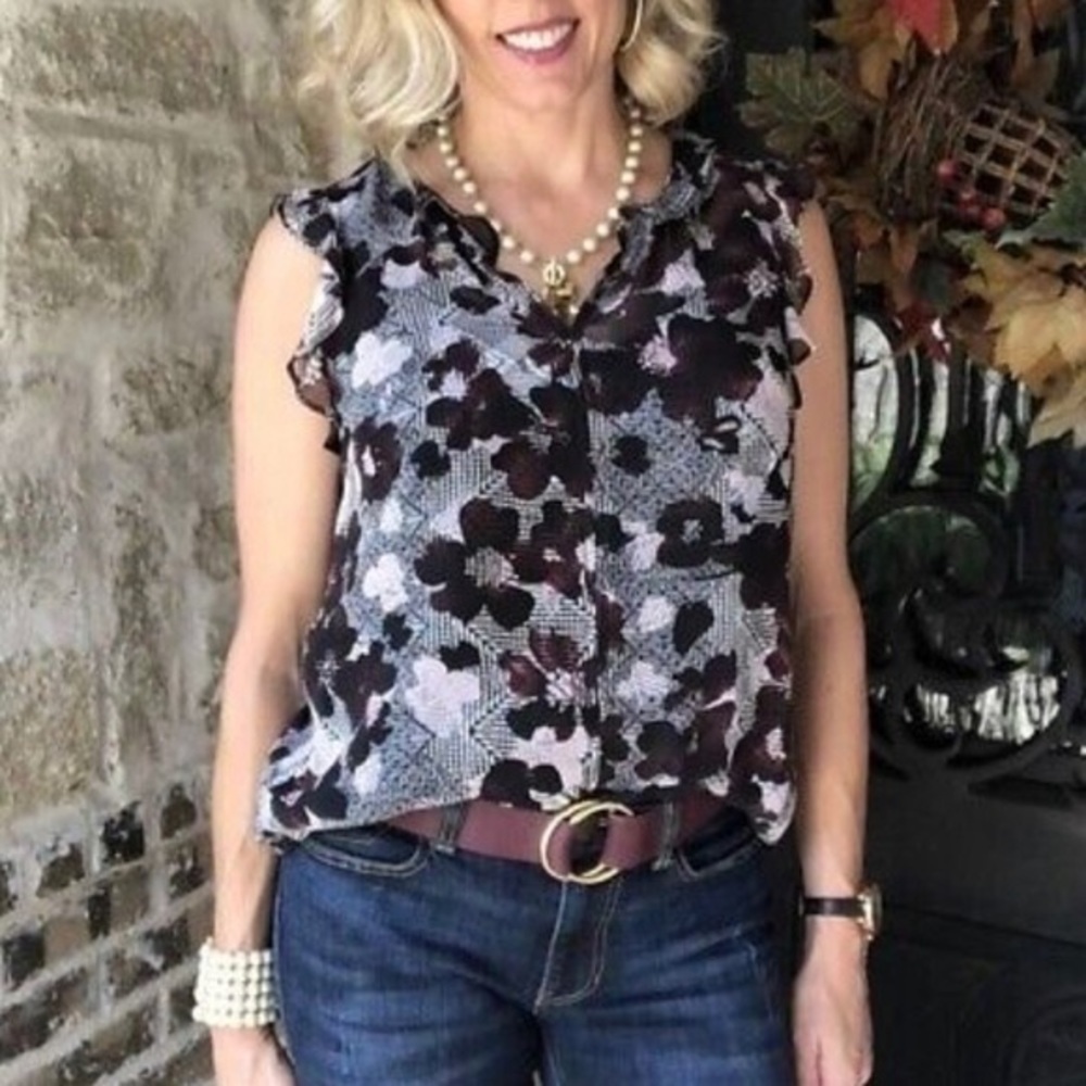 Cabi Small Black and White Purple Tweed Floral Weaver Sleeveless Sheer Blouse